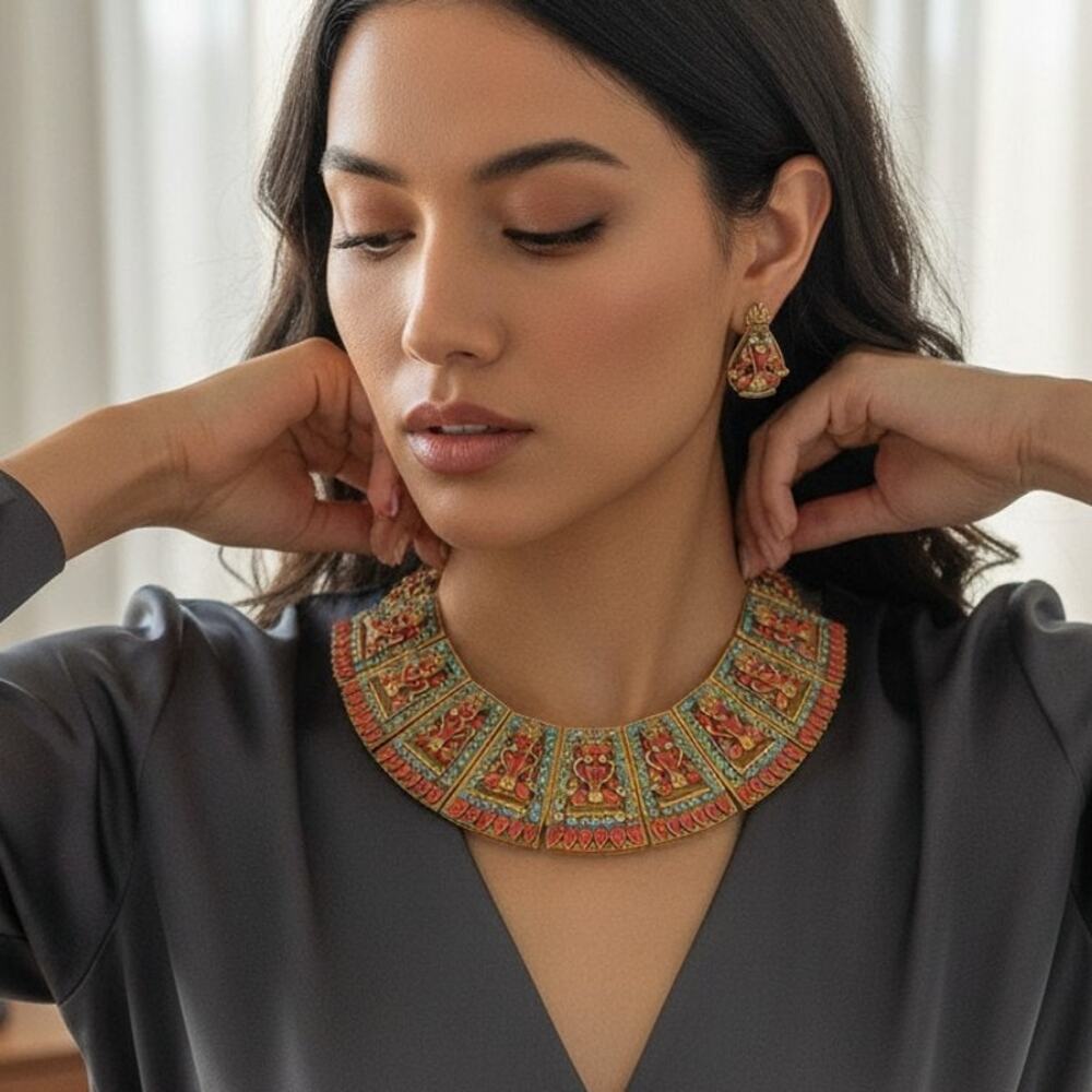 Vintage Rare Tibetan Nepalese Coral Turquoise Brass Collar Necklace Earrings